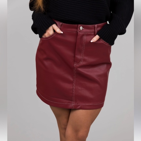 TUCKERNUCK BURGUNDY/WINE/OX BLOOD MAROON FAUX LEATHER MINI SKIRT SZ MEDIUM - Picture 3 of 16